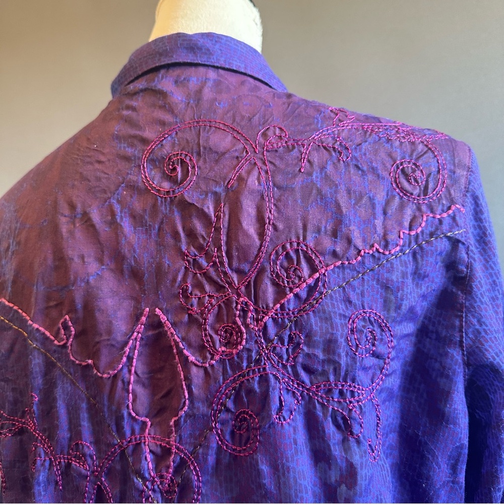 Women's Wrangler Snap Button Embroidered Sheer Shirt Purple Pink Sz M - Picture 7 of 12